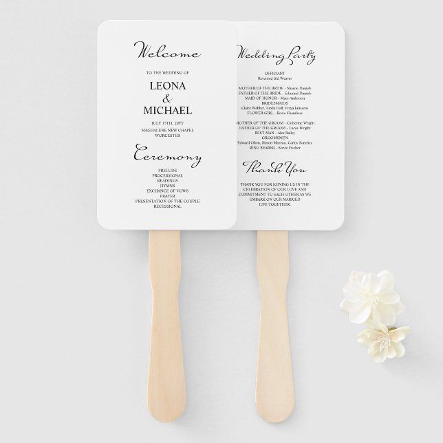 Leque Programa de Casamento Branco da Caligrafia Minimal (Frente e Verso)