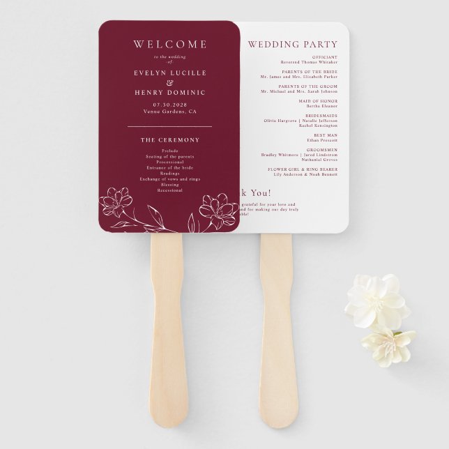 Leque Programa de Casamento Burgundy com Arte Floral Ele (Frente e Verso)