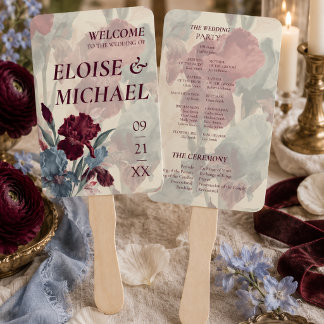 Leque Programa de Casamento Burgundy e Azul Poeira Elega