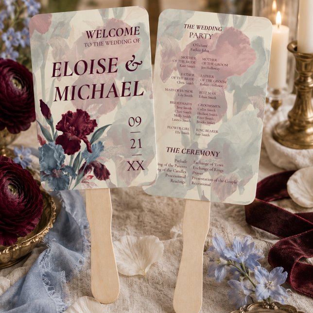 Leque Programa de Casamento Burgundy e Azul Poeira Elega (Elegant Burgundy and Dusty Blue Wedding Program Hand Fan)
