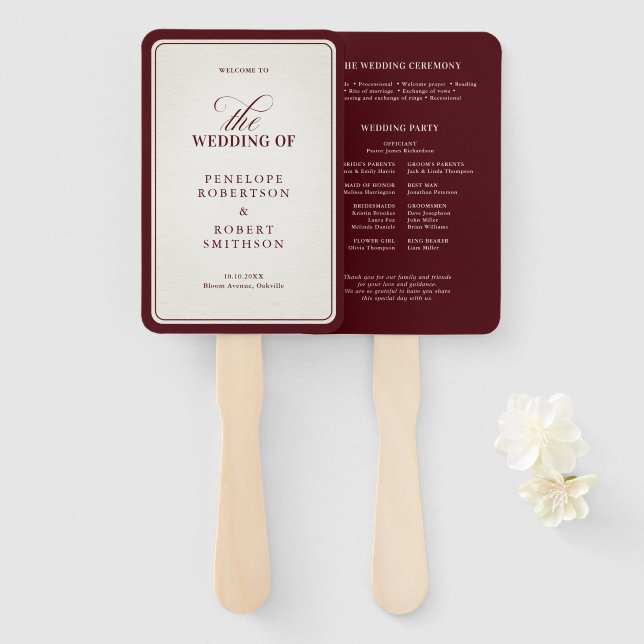 Leque Programa de Casamento Burgundy Moderno e Sofistica (Frente e Verso)