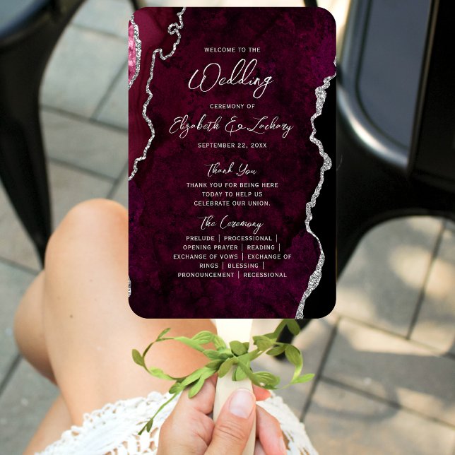 Leque Programa de Casamento Burgundy Silver Agate Script (Criador carregado)