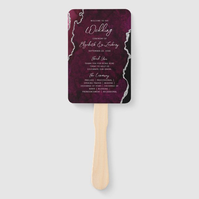 Leque Programa de Casamento Burgundy Silver Agate Script (Frente)