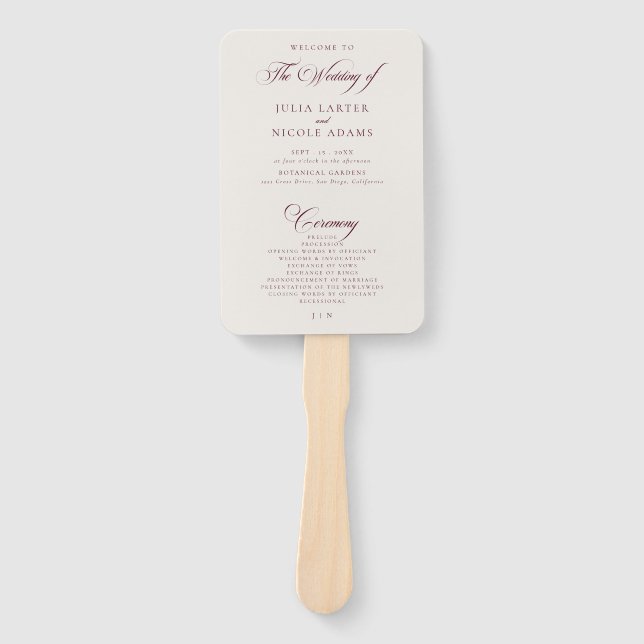 Leque Programa de Casamento Caligrafia Marfim Borgonha C (Frente)