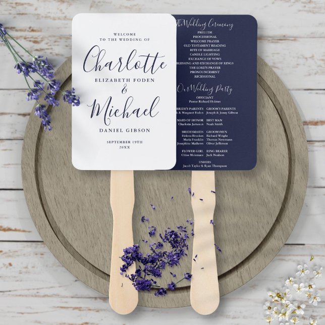 Leque Programa de Casamento Chic Azul Marinho Assinatura (Criador carregado)
