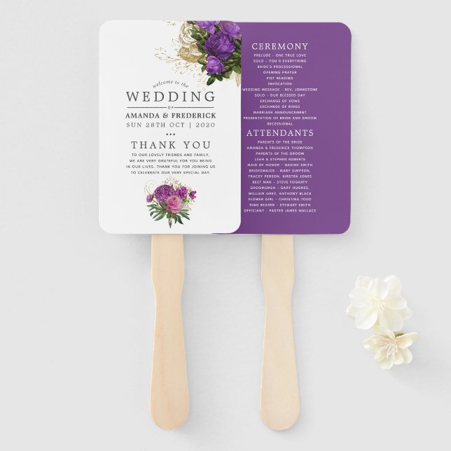 Leque Programa de Casamento Chic em Púrpura e Dourada (Frente e Verso)