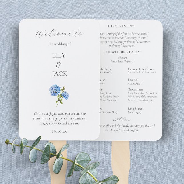 Leque Programa de Casamento Chic Floral Blue Hydrangea W (Criador carregado)