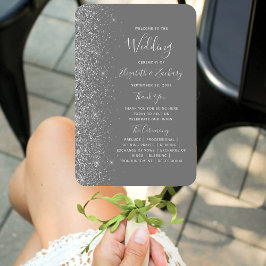 Leque Programa de Casamento Cinza com Borda de Brilho Pr