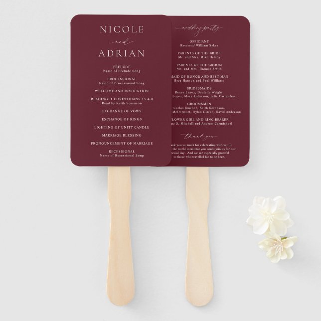 Leque Programa de Casamento Clássico Burgundy Elegante (Frente e Verso)
