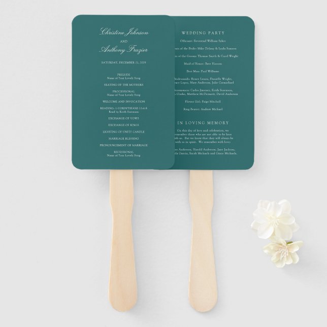 Leque Programa de Casamento Clássico em Verde Teal Old M (Frente e Verso)