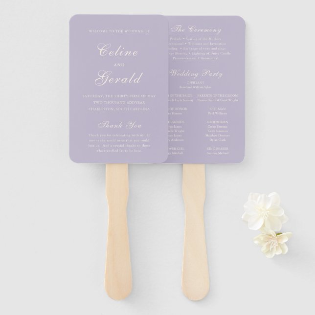 Leque Programa de Casamento Clássico Lilás Elegante (Frente e Verso)