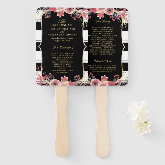 Leque Programa de Casamento Clássico por Aquarela Floral (Frente e Verso)