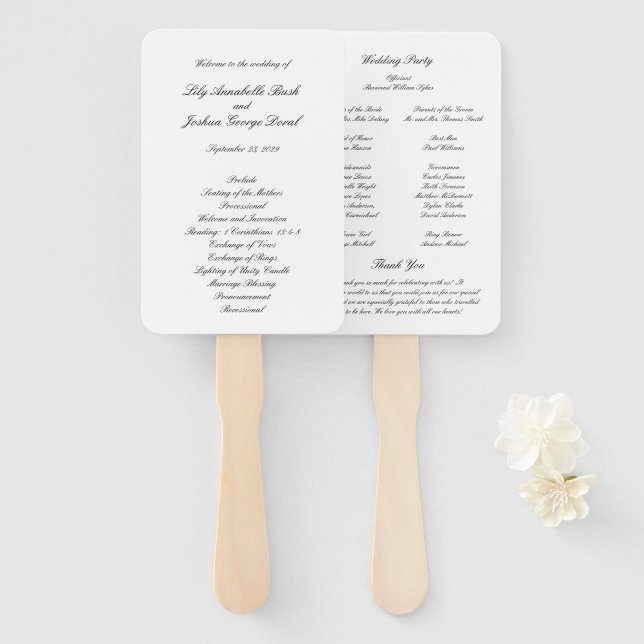 Leque Programa de Casamento Clássico Preto e Branco Atem (Frente e Verso)