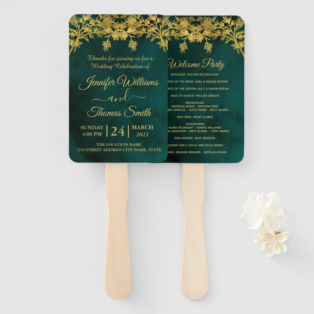 Leque Programa de Casamento Clássico Verde e Ouro Escuro (Frente e Verso)