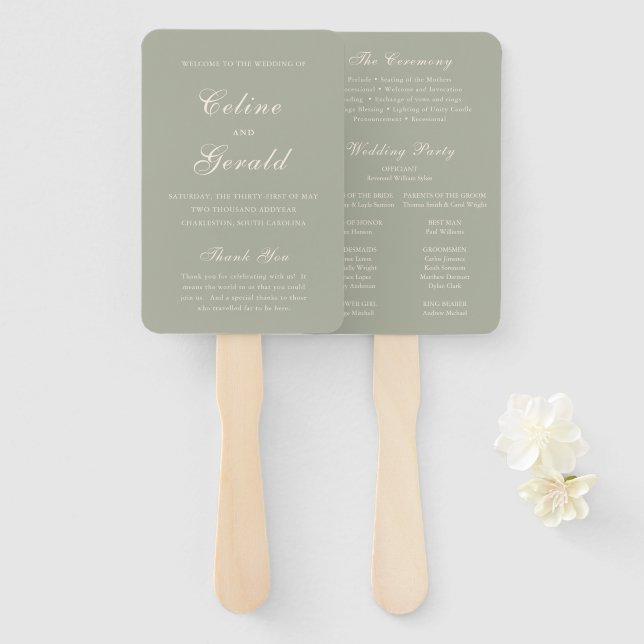 Leque Programa de Casamento Clássico Verde Sutil Elegant (Frente e Verso)