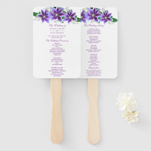 Leque Programa de Casamento Classy Chic Clematis (Frente e Verso)