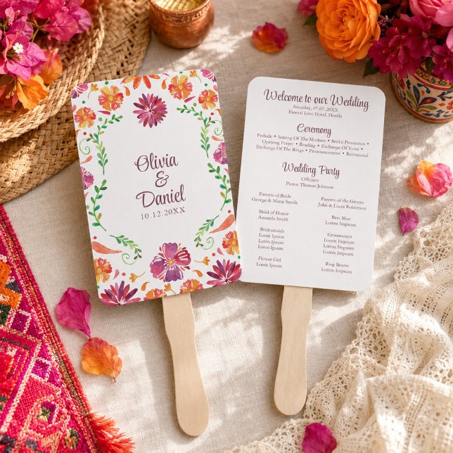 Leque Programa de Casamento Colorido Fiesta Floral Mexic (Colorful Mexican Floral Fiesta Wedding Program Hand Fan)
