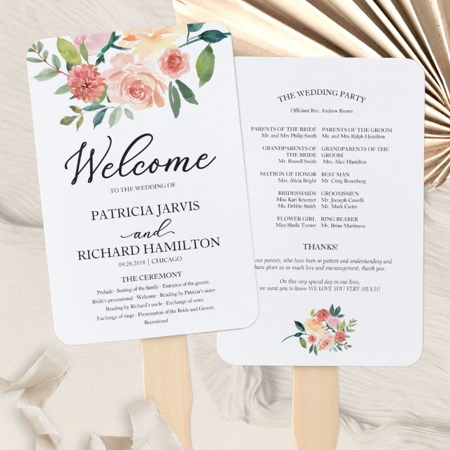 Leque Programa de Casamento com Aquarela Floral Elegante (Criador carregado)