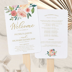 Leque Programa de Casamento com Aquarela Floral em Doura