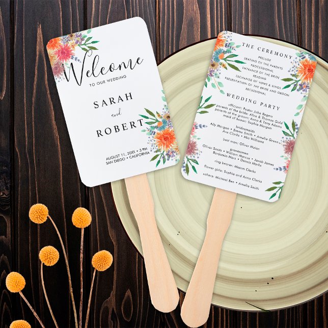 Leque Programa de Casamento com Aquarela Pintada à Mão E (Front / Back)