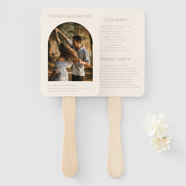 Leque Programa de Casamento com Arco Minimalista Moderno (Frente e Verso)