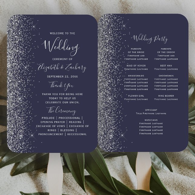 Leque Programa de Casamento com Borda de Brilho Prata Az (Criador carregado)