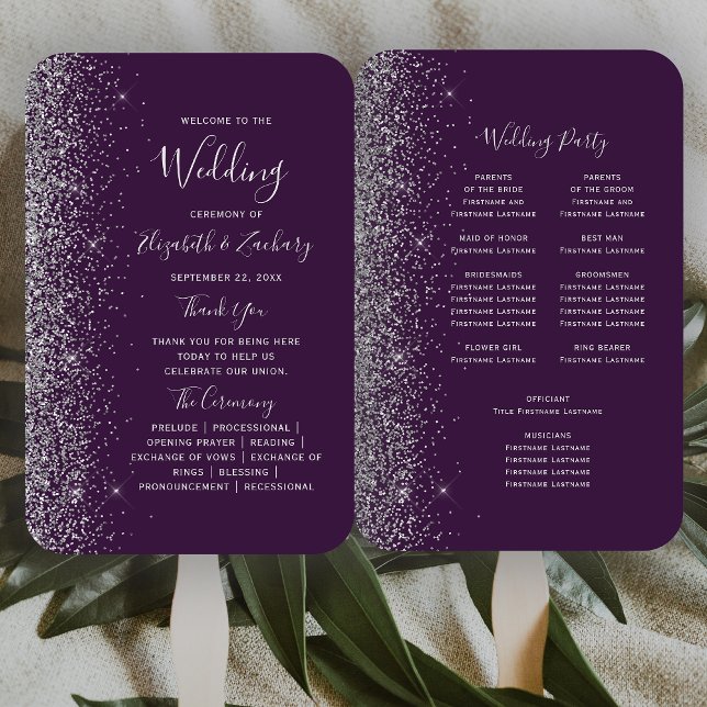 Leque Programa de Casamento com Borda de Brilho Prateado (Criador carregado)