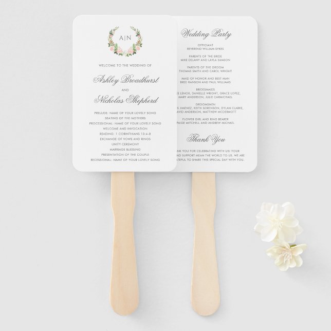 Leque Programa de Casamento com Brasão Floral em Aquarel (Frente e Verso)