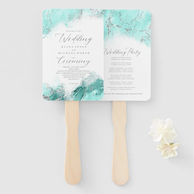 Leque Programa de Casamento com Brilho de Mármore Teal P (Frente e Verso)