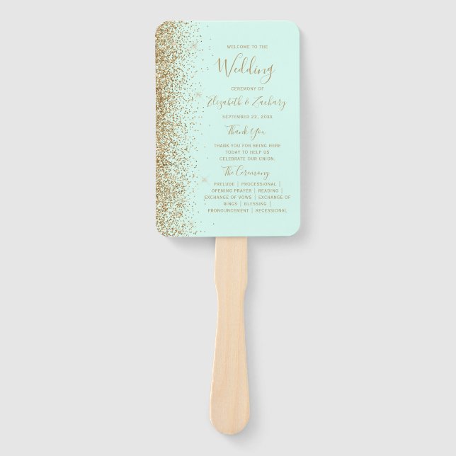 Leque Programa de Casamento com Brilho Dourado e Verde M (Frente)