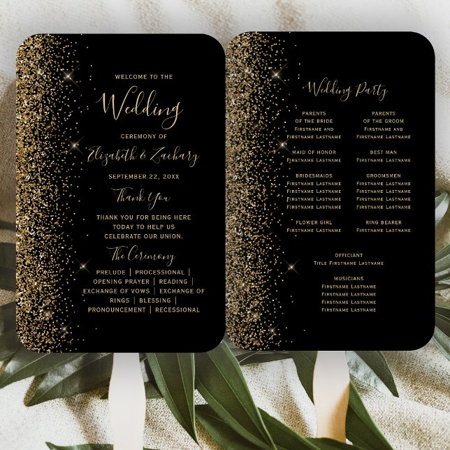 Leque Programa de Casamento com Brilho Dourado na Borda (Criador carregado)