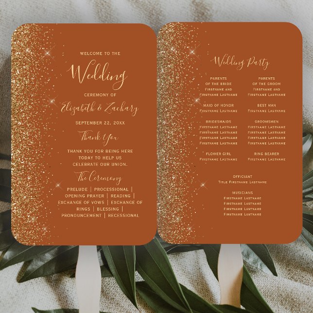 Leque Programa de Casamento com Brilho Dourado Terracota (Criador carregado)