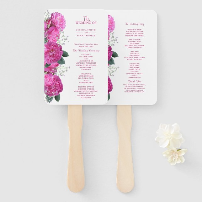Leque Programa de Casamento com Buquê Floral Romântico (Frente e Verso)