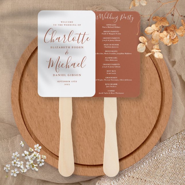 Leque Programa de Casamento com Caligrafia de Terracota (Terracotta Signature Script Wedding Program Hand Fan)