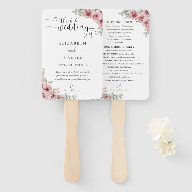 Leque Programa de Casamento com Coração Floral de Rosas  (Frente e Verso)