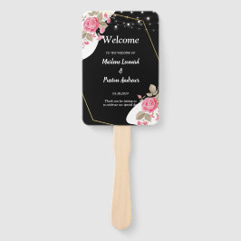 Leque Programa de Casamento com Cordão Floral Rosa Elegâ