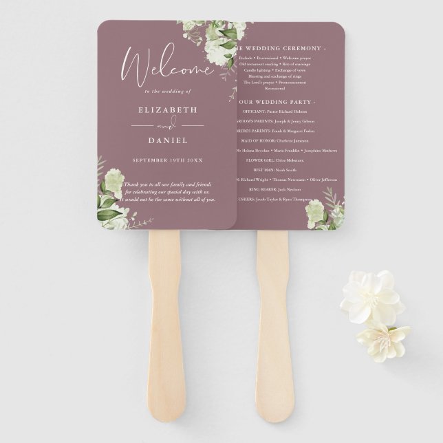 Leque Programa de Casamento com Flora e Folhagem Roxa (Frente e Verso)