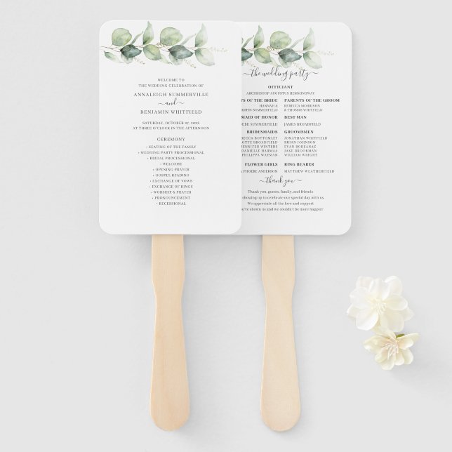 Leque Programa de Casamento com Folhagem de Eucalipto Bo (Frente e Verso)