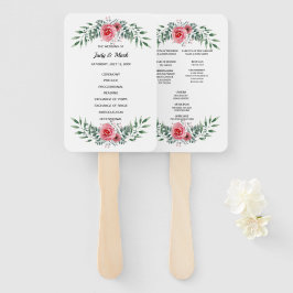 Leque Programa de Casamento com Folhagem e Rosa Rosa