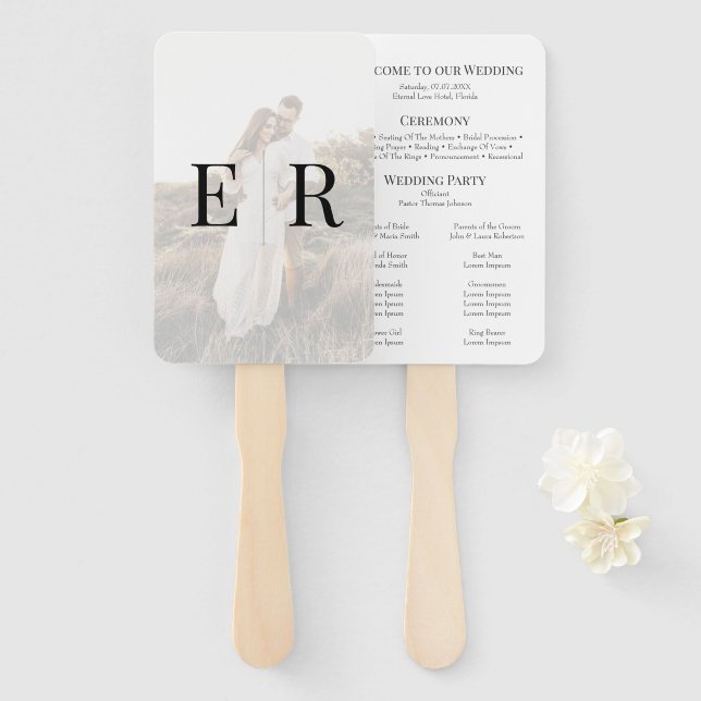 Leque Programa de Casamento com Foto e Monograma Elegant (Frente e Verso)