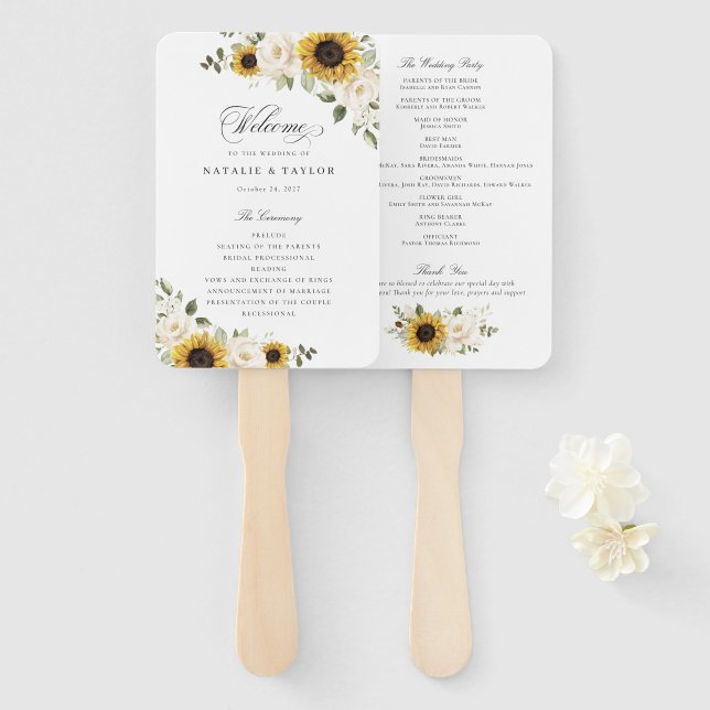 Leque Programa de Casamento com Girassóis Flores Brancas (Frente e Verso)