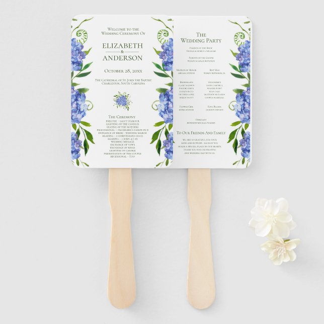 Leque Programa de Casamento com Hortênsias Azuis (Frente e Verso)