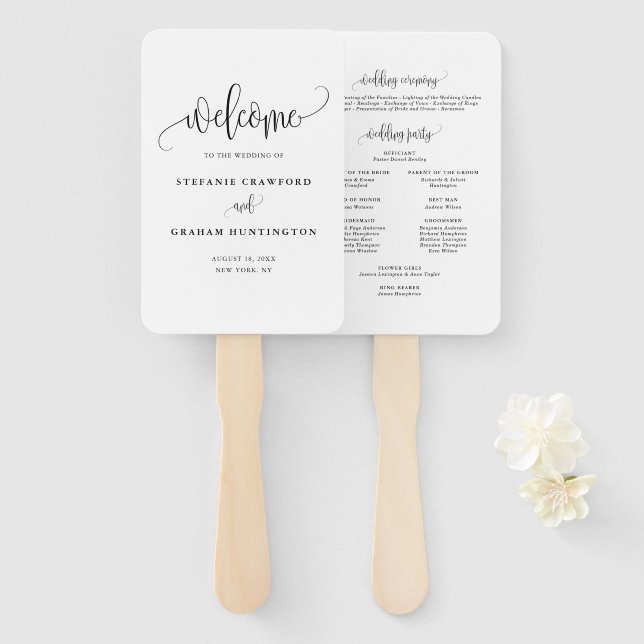 Leque Programa de Casamento com Letra de Caligrafia Boni (Frente e Verso)