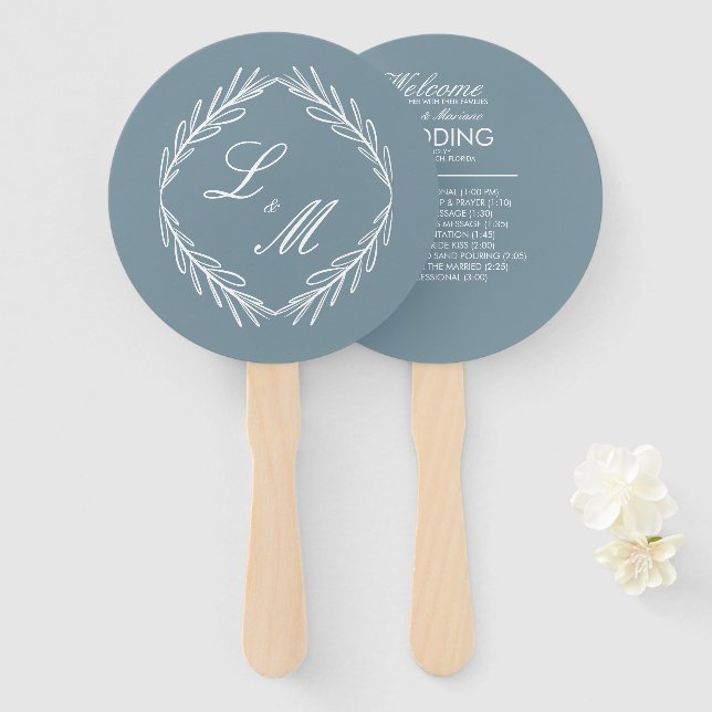 Leque Programa de Casamento com Letra Elegante Monograma (Frente e Verso)