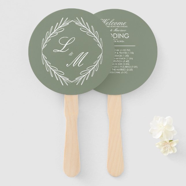 Leque Programa de Casamento com Letra Elegante Monograma (Frente e Verso)