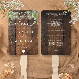 Leque Programa de Casamento com Luzes de Corda e Madeira