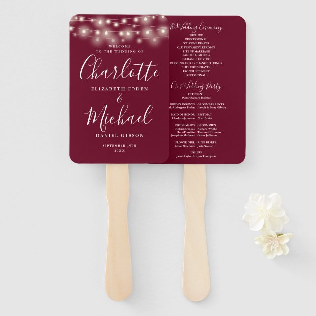 Leque Programa de Casamento com Luzes de Corda em Borgon (Frente e Verso)