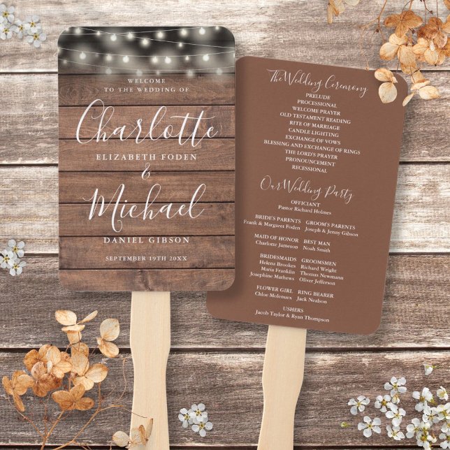 Leque Programa de Casamento com Luzes de Corda em Madeir (Rustic Wood String Lights Script Wedding Program Hand Fan)