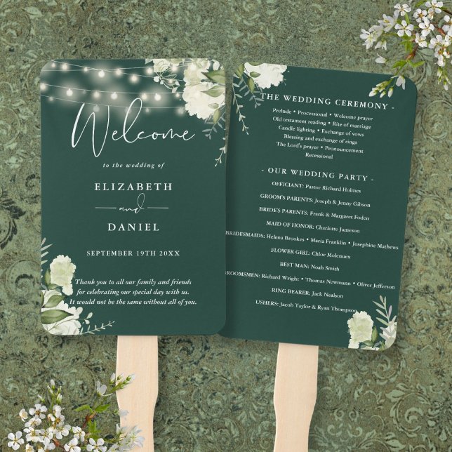 Leque Programa de Casamento com Luzes de Corda Floral Es (Emerald Floral String Lights Wedding Program Hand Fan)