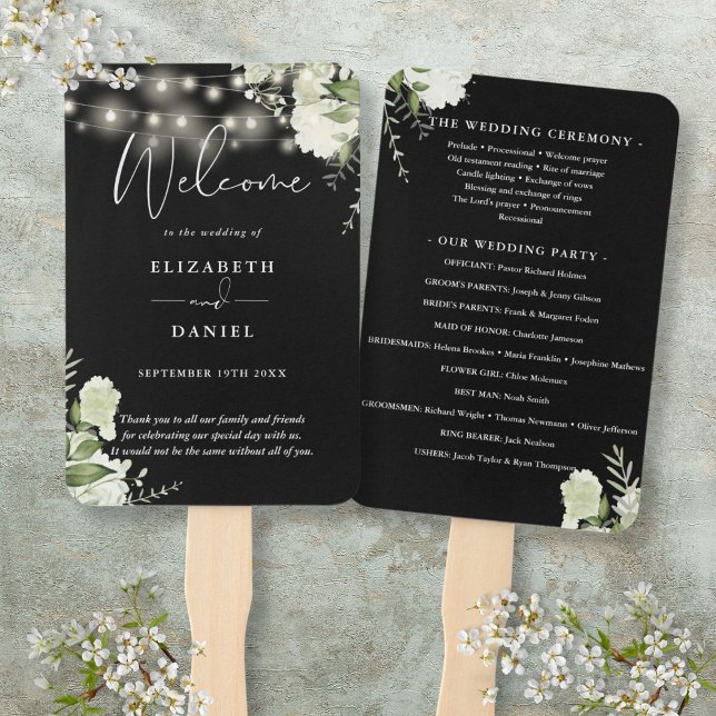 Leque Programa de Casamento com Luzes Florais em Preto e (Black And White Floral Lights Wedding Program Hand Fan)